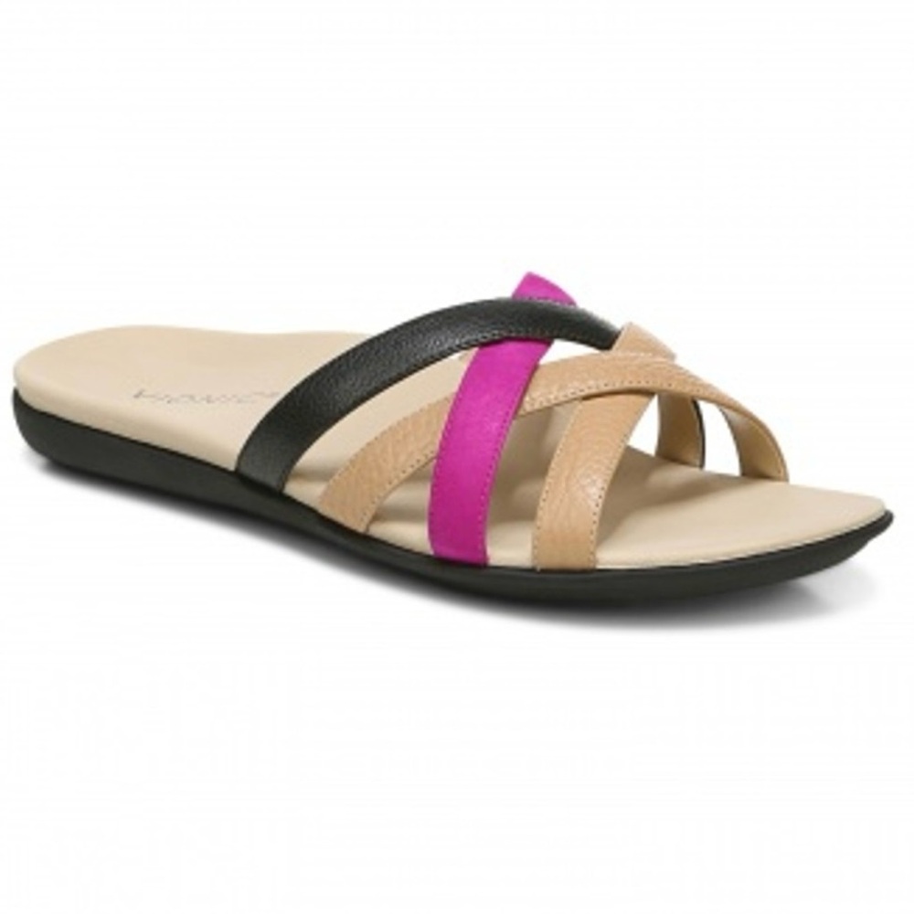 Vionic Dava Leather Sandals Size 7 Flats Strappy Summer Black Tan Purple - Picture 1 of 11
